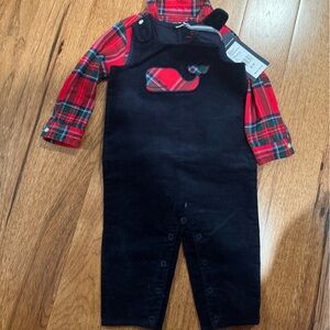Baby boys 6-12 months Vineyard Vines plaid onesie with whale Longall.